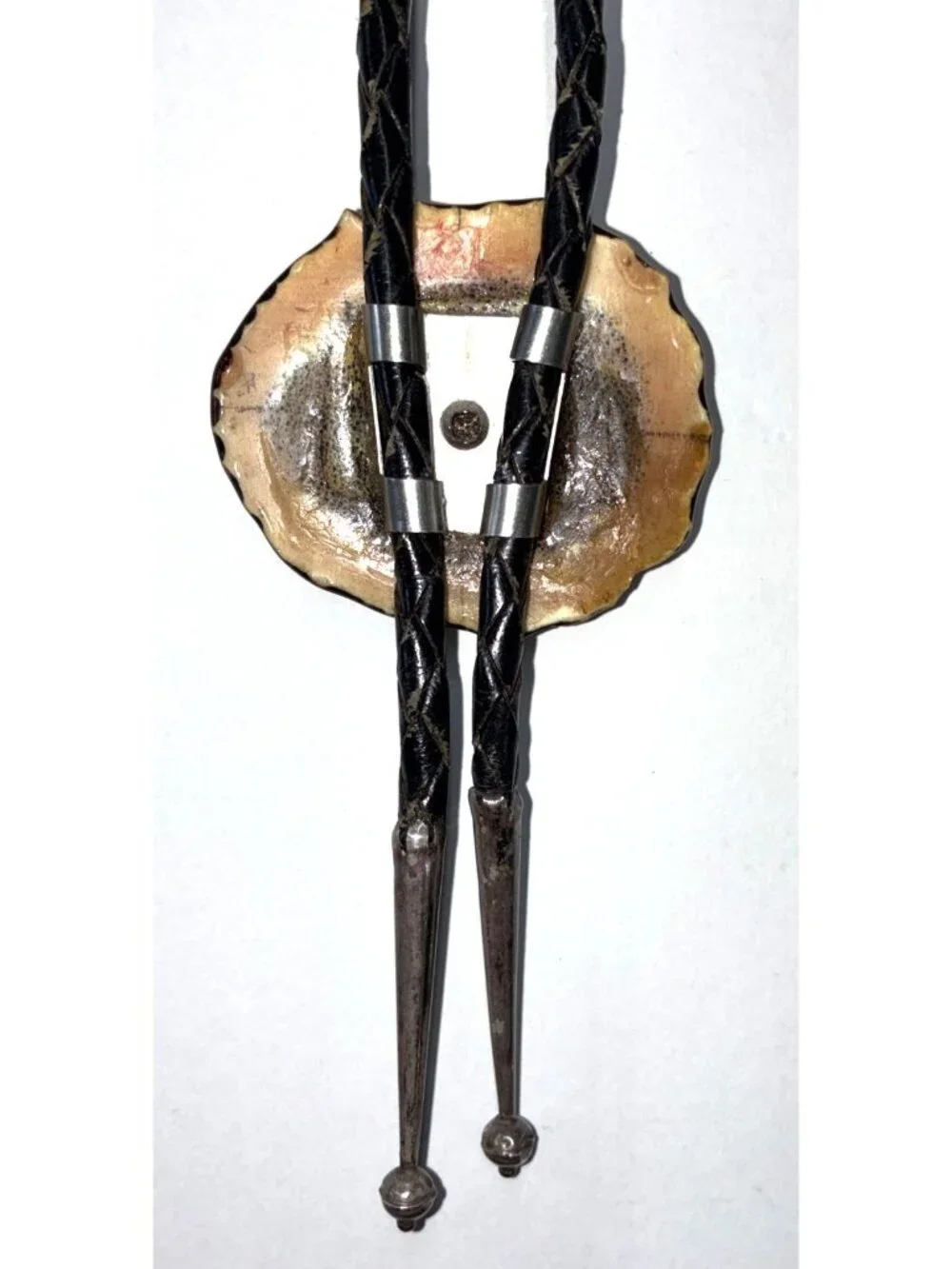 VTG Real Silver Elk on Faux Antler Bolo Tie Black Leather Cord